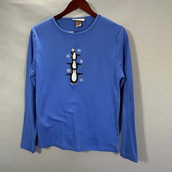 M&C Sportswear Top  Womens Medium Blue Cotton Long Sleeve Tee Christmas Penguins - Picture 1 of 4